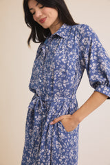 Blue Floral Button Down 3/4 Sleeve Maxi Dress