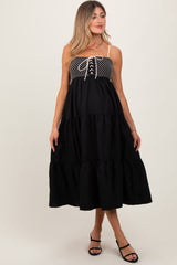 Black Lace Up Smocked Bodice Tiered Maternity Midi Dress