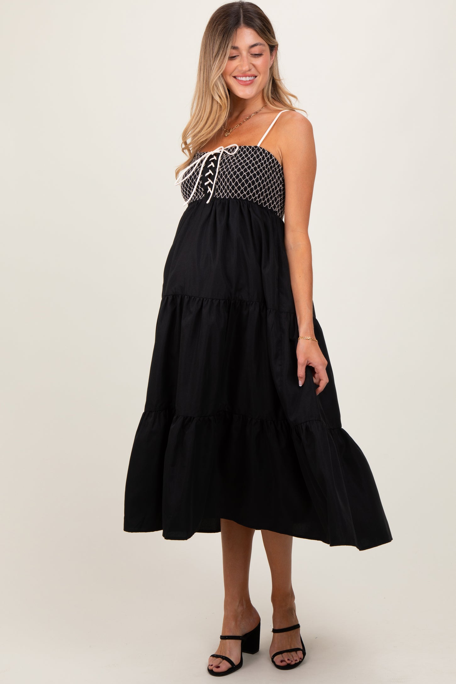 Black Lace Up Smocked Bodice Tiered Maternity Midi Dress