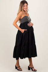 Black Lace Up Smocked Bodice Tiered Maternity Midi Dress