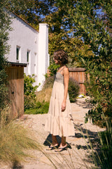 Beige Lace Up Smocked Bodice Tiered Midi Dress