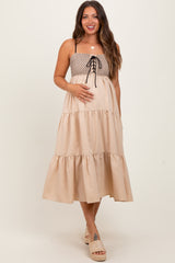Beige Lace Up Smocked Bodice Tiered Maternity Midi Dress