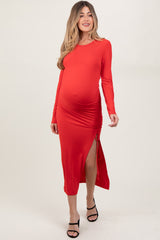 Red Ruched Tie Side Slit Maternity Midi Dress