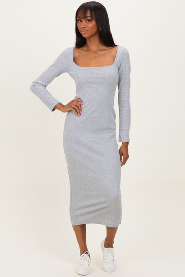 Heather Grey Square Neck Rib Long Sleeve Maxi Dress