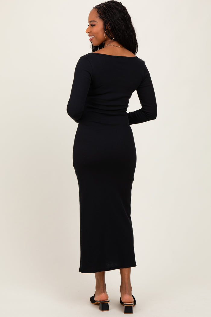 Black Scoop Neck Long Sleeve Midi Dress