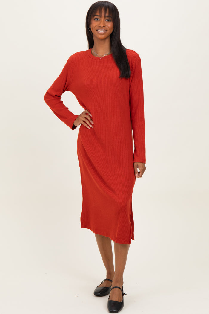 Coral Ribbed Knit Long Sleeve Side Slit Midi Dress