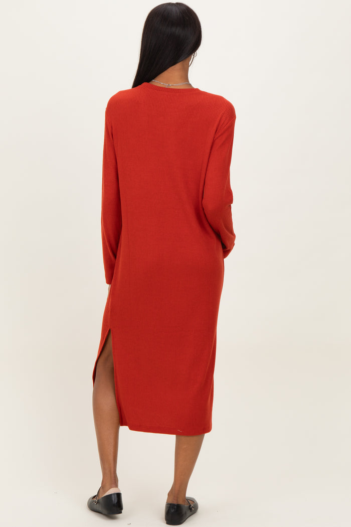 Coral Ribbed Knit Long Sleeve Side Slit Midi Dress