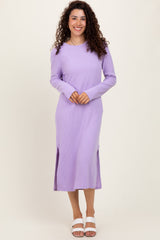 Lavender Ribbed Knit Long Sleeve Side Slit Maternity Midi Dress