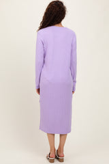 Lavender Ribbed Knit Long Sleeve Side Slit Midi Dress