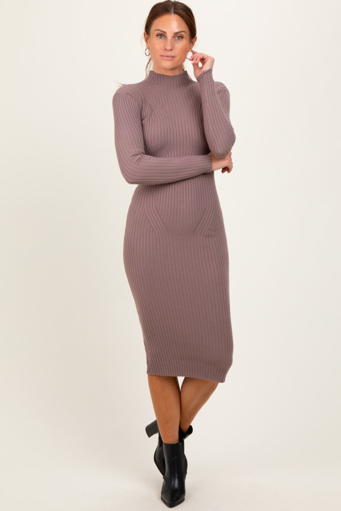 Mocha Ribbed Knit Mock Neck Long Sleeve Midi Dress