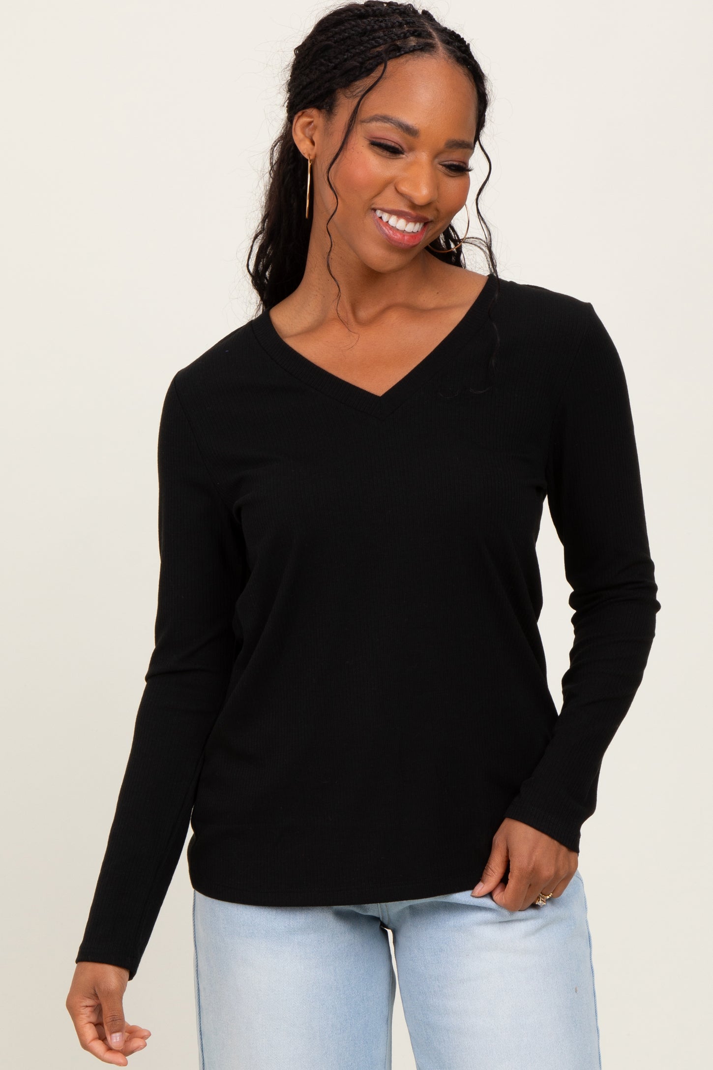 Black Ribbed Knit V-Neck Long Sleeve Top