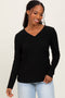 Black Ribbed Knit V-Neck Long Sleeve Top