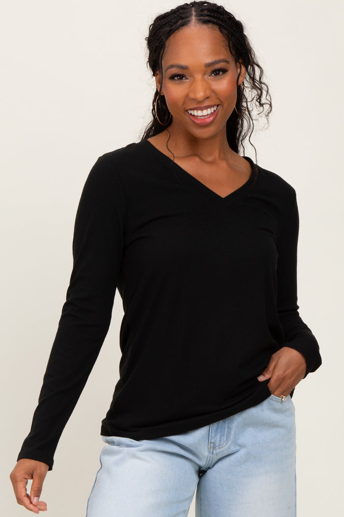 Black Ribbed Knit V-Neck Long Sleeve Top