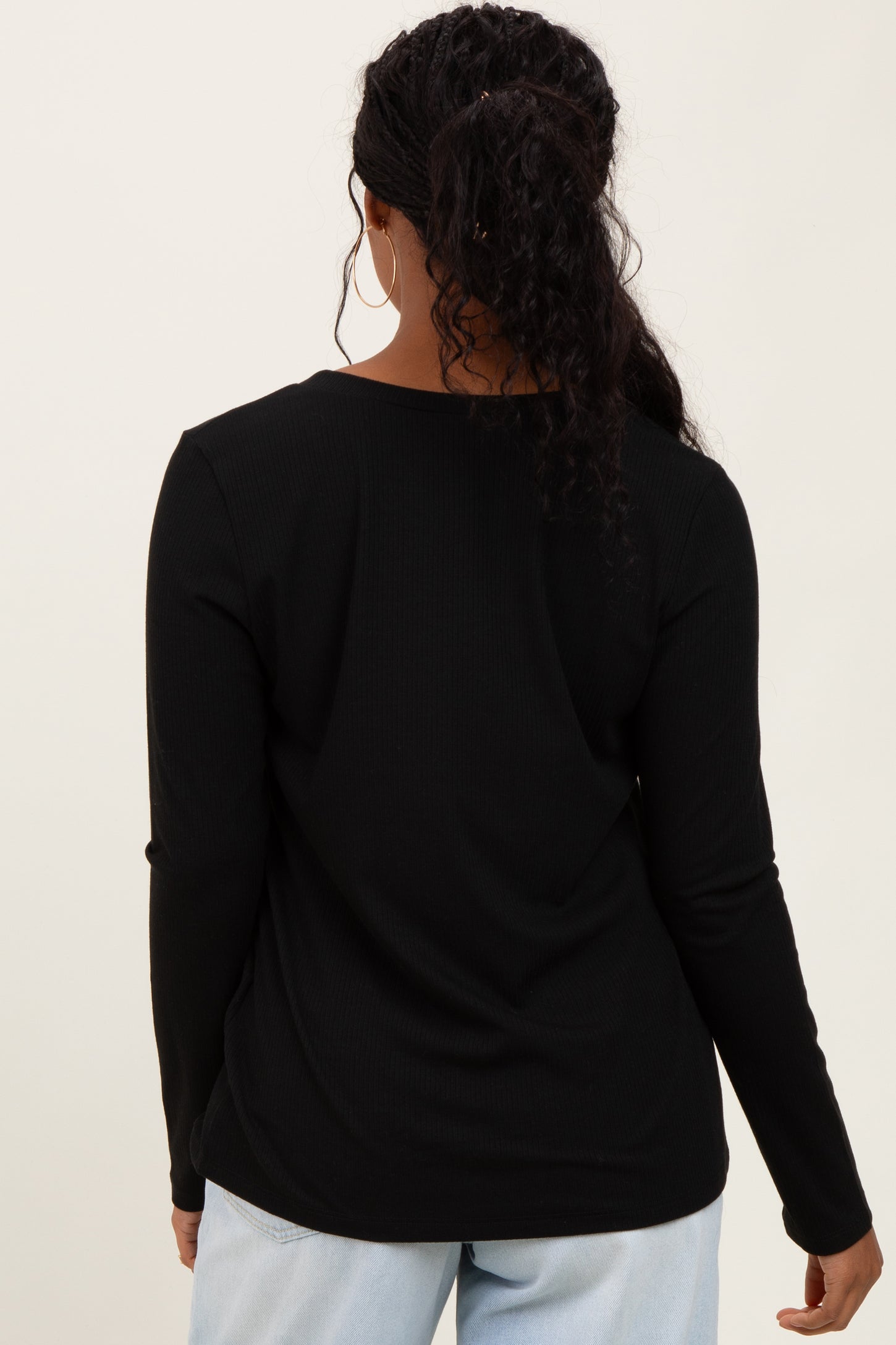 Black Ribbed Knit V-Neck Long Sleeve Top