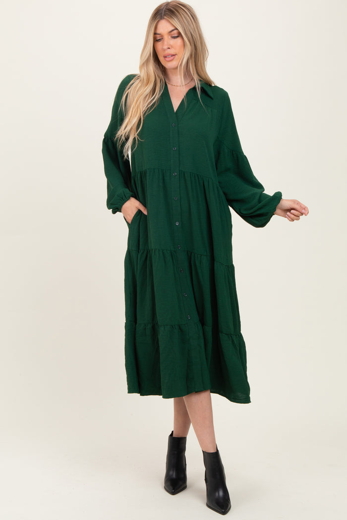 Forest Green Tiered Button Down Long Sleeve Maxi Dress