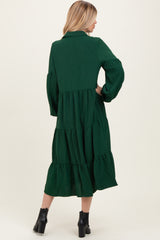 Forest Green Tiered Button Down Long Sleeve Maxi Dress