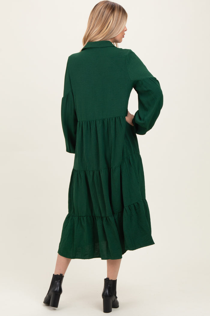 Forest Green Tiered Button Down Long Sleeve Maxi Dress