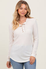 Cream Ruffle Collar Micro Waffle Knit Henley Top