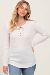 Cream Ruffle Collar Micro Waffle Knit Henley Top