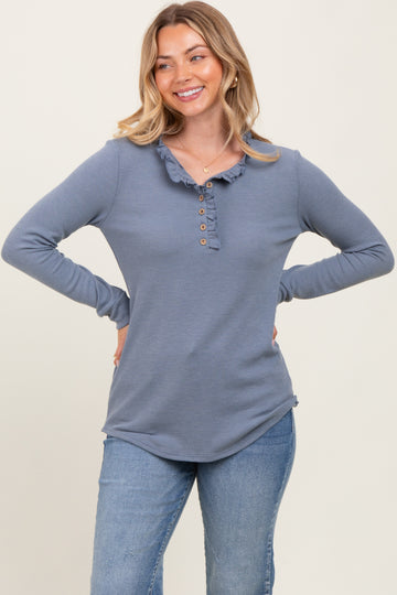 Blue Ruffle Collar Micro Waffle Knit Henley Top