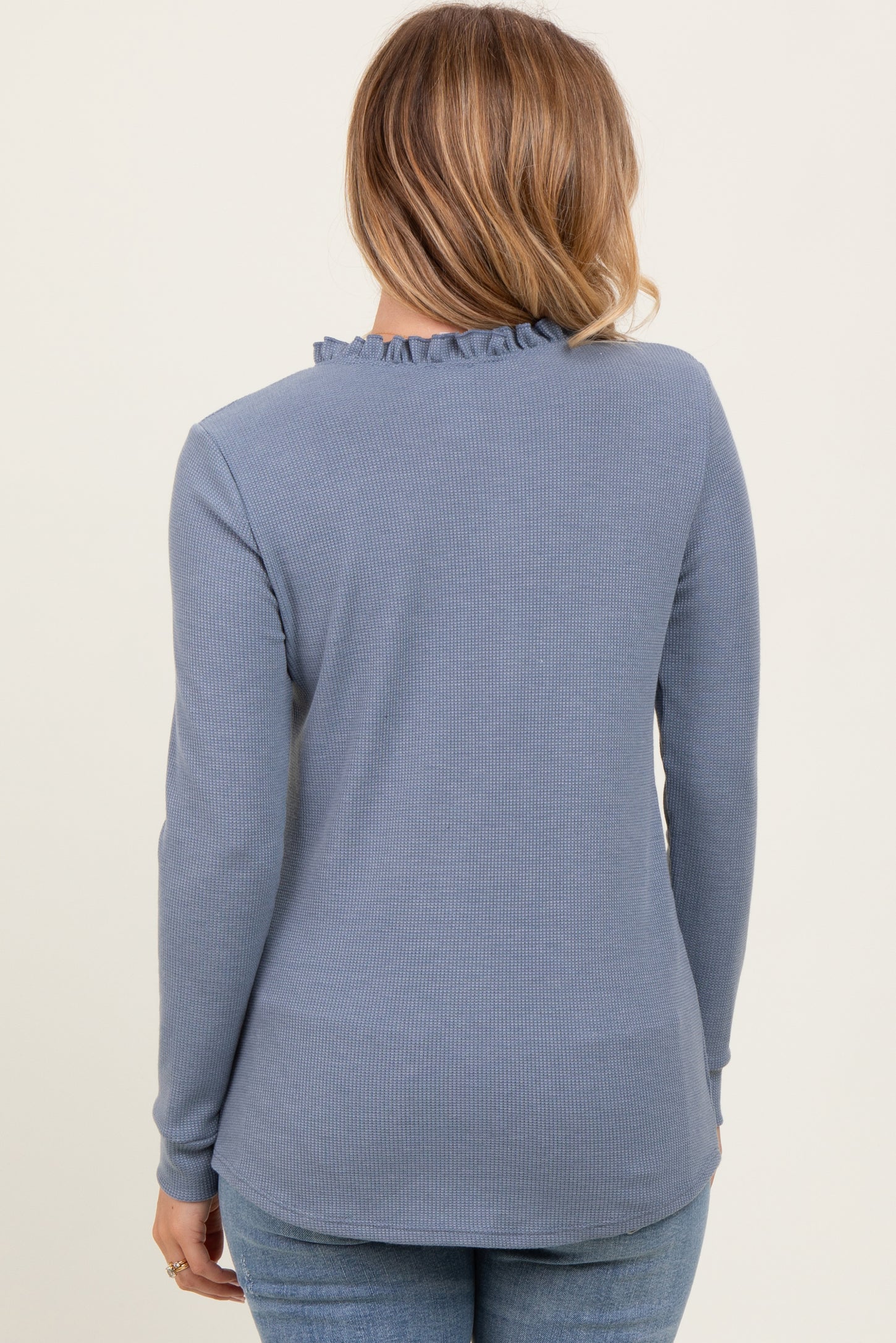 Blue Ruffle Collar Micro Waffle Knit Henley Top
