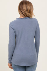 Blue Ruffle Collar Micro Waffle Knit Henley Top
