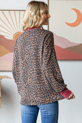 Brown Ribbed Animal Print Contrast Trim Pullover