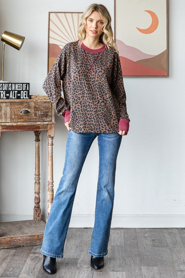 Brown Ribbed Animal Print Contrast Trim Pullover