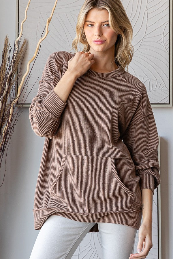 Mocha Ribbed Knit Front Pocket Pullover