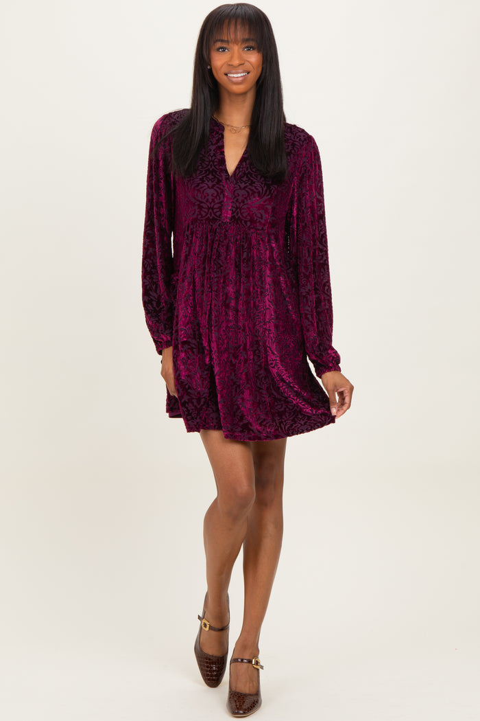 Burgundy Velvet Damask Print Long Sleeve Mini Dress