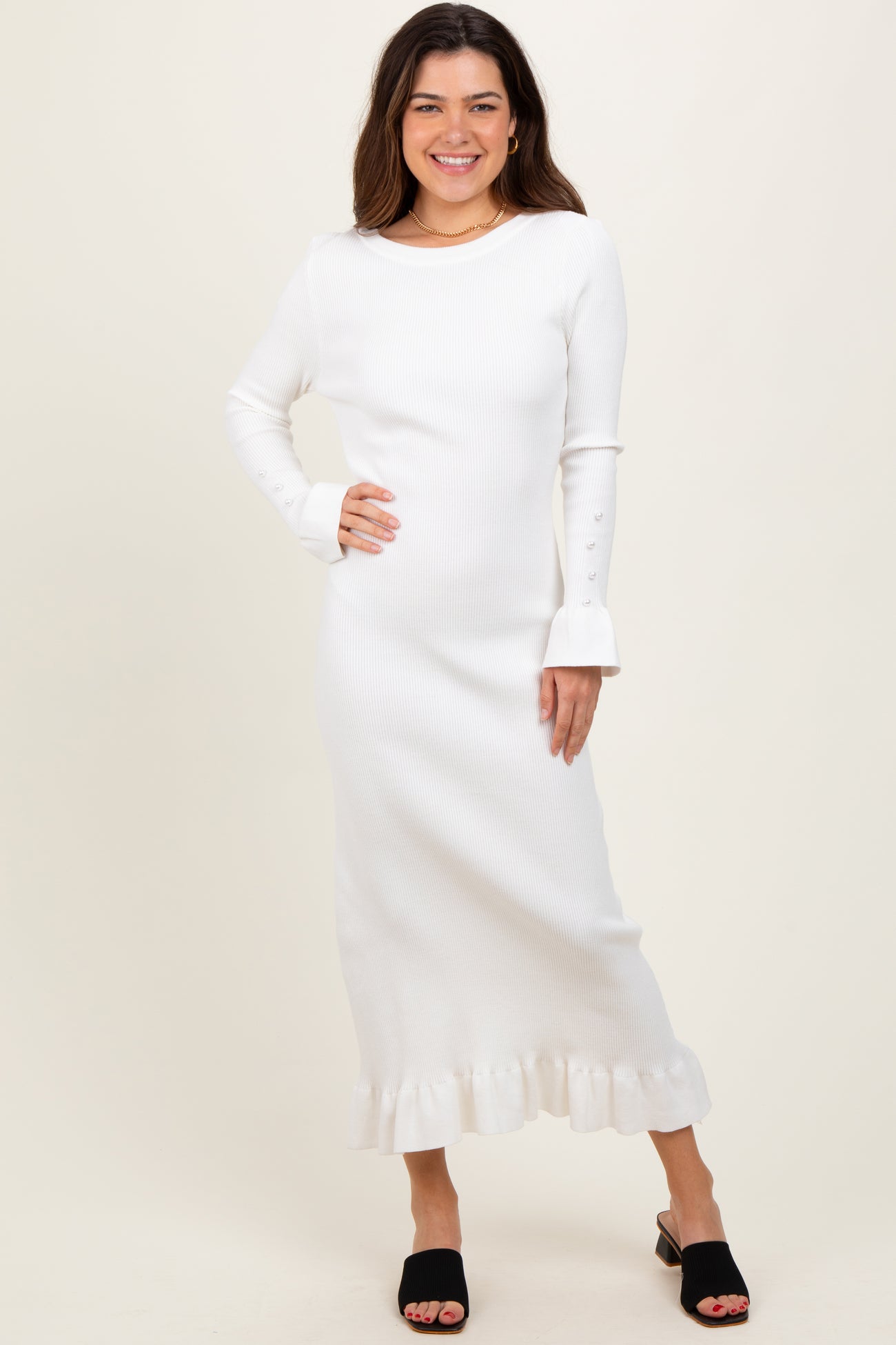 Ivory Ribbed Knit Bow Back Maternity Maxi Dress