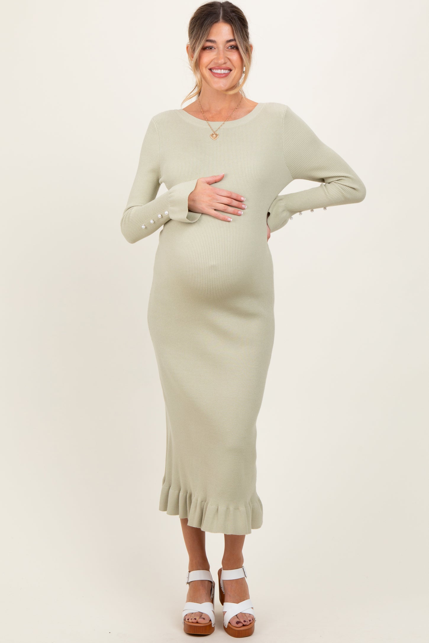 Light Olive Ribbed Knit Bow Back Maternity Maxi Dress