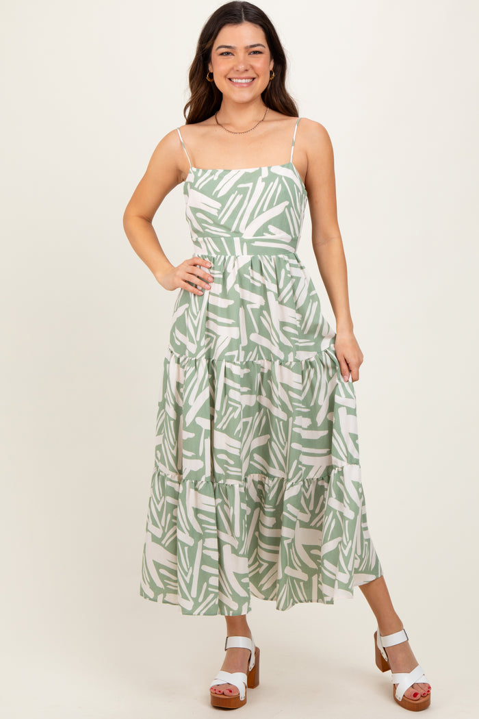 Light Olive Printed Cutout Tie Back Tiered Midi Dress