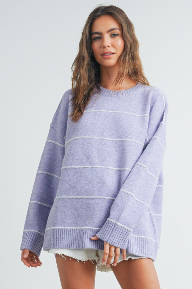 Lavender Striped Drop Shoulder Sweater