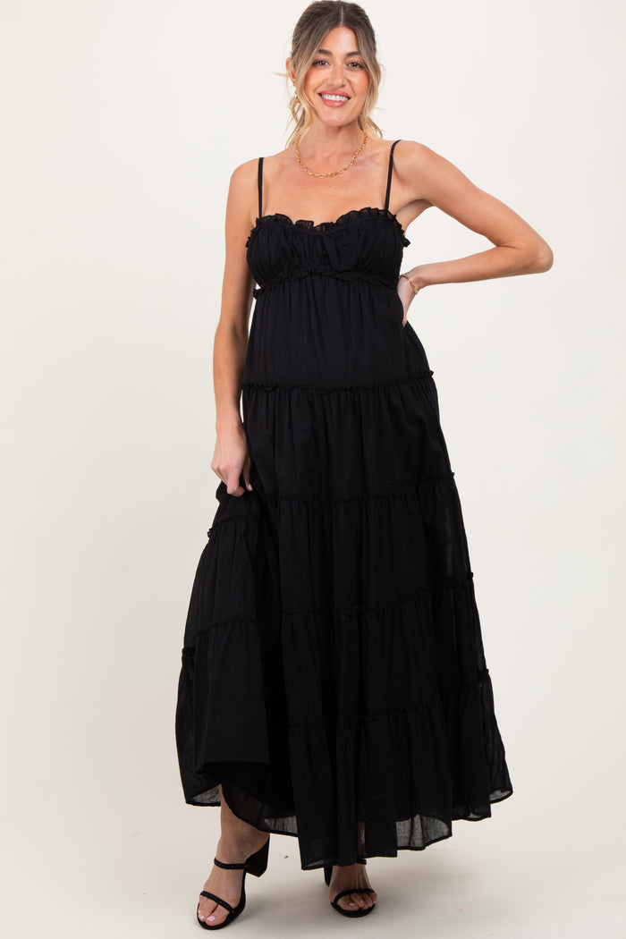 Black Shirred Bust Ruffle Tiered Maternity Maxi Dress