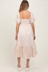 Beige Sweetheart Stripe Smocked Back Maternity Midi Dress
