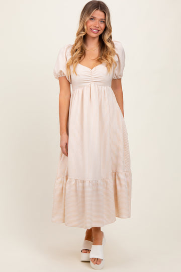 Beige Blue Sweetheart Stripe Smocked Back Midi Dress
