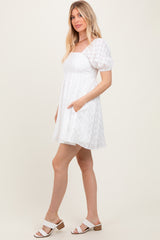 White Smocked Back Textured Babydoll Mini Dress