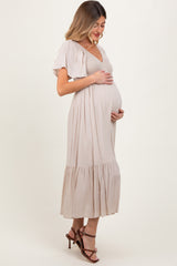 Cream Smocked Flutter Sleeve Midi Dress