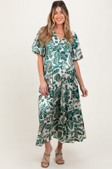 Green Palm Resort Print Satin Floral Button Maternity Maxi Dress