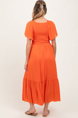 Orange Smocked Flutter Sleeve Midi Dress