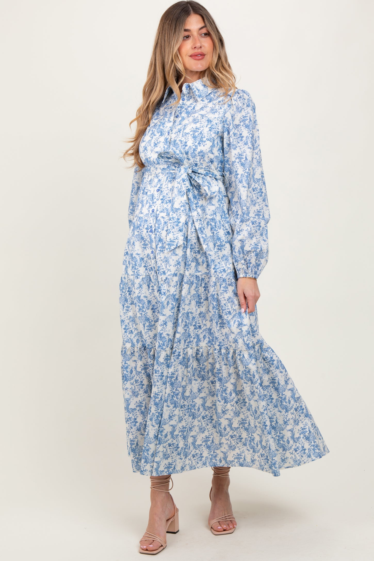 Light Blue Cotton Toile Print Button Down Maternity Maxi Dress