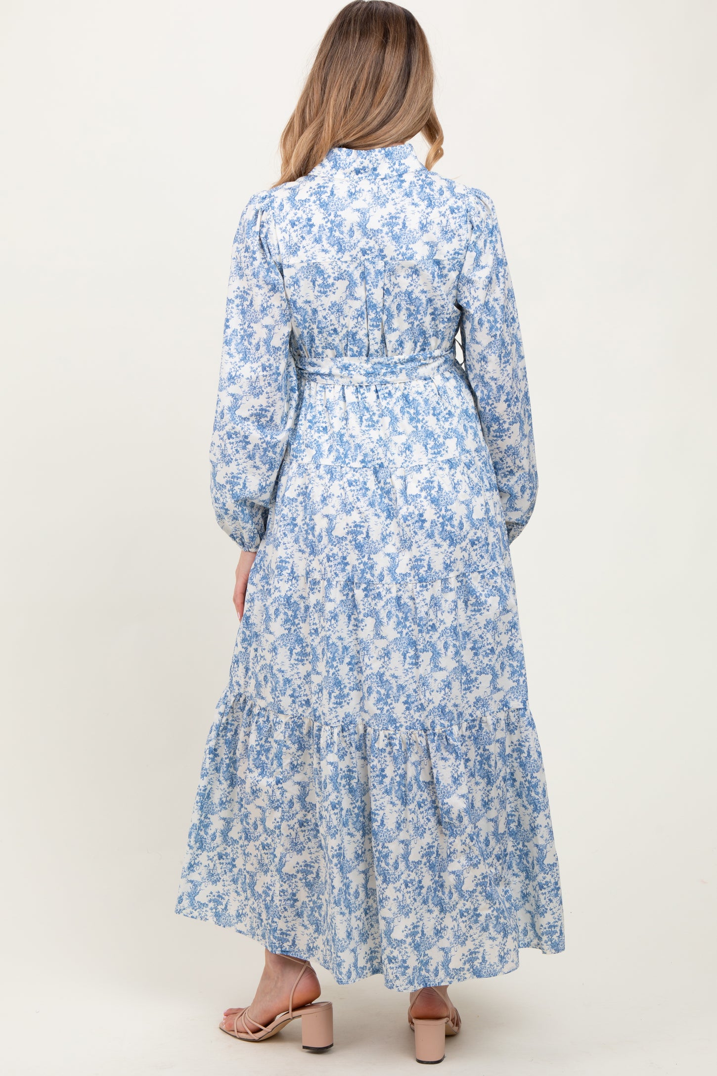 Light Blue Cotton Toile Print Button Down Maternity Maxi Dress