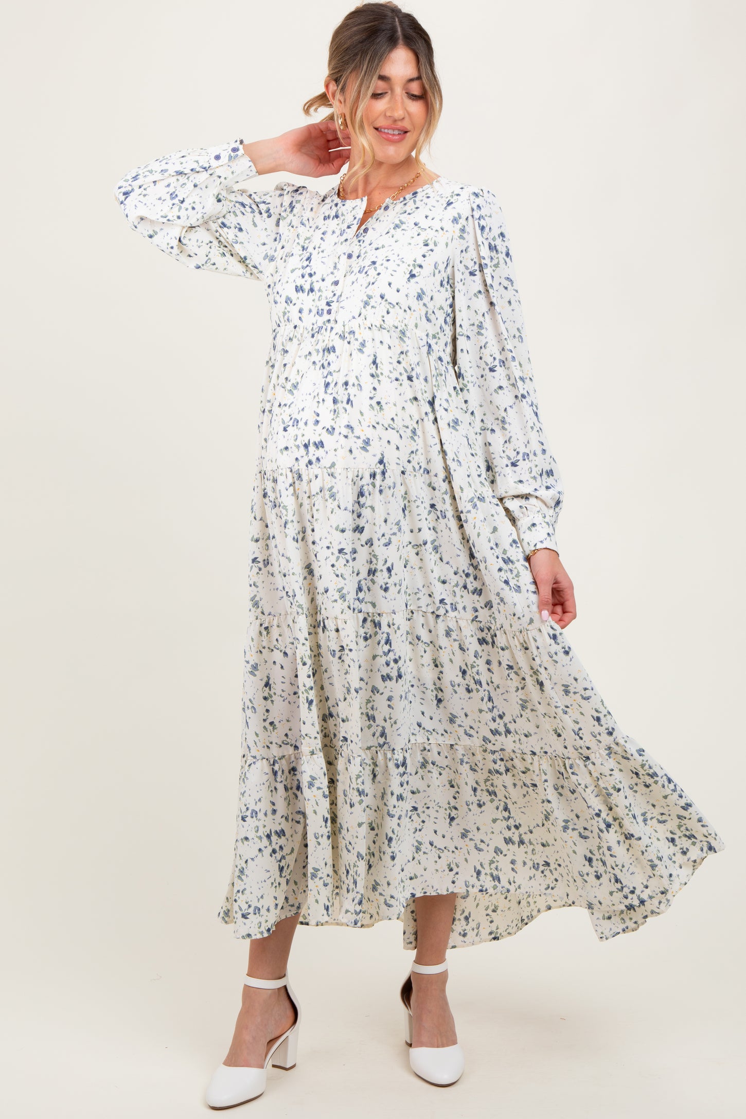 Blue Printed Tiered Maternity Maxi Dress