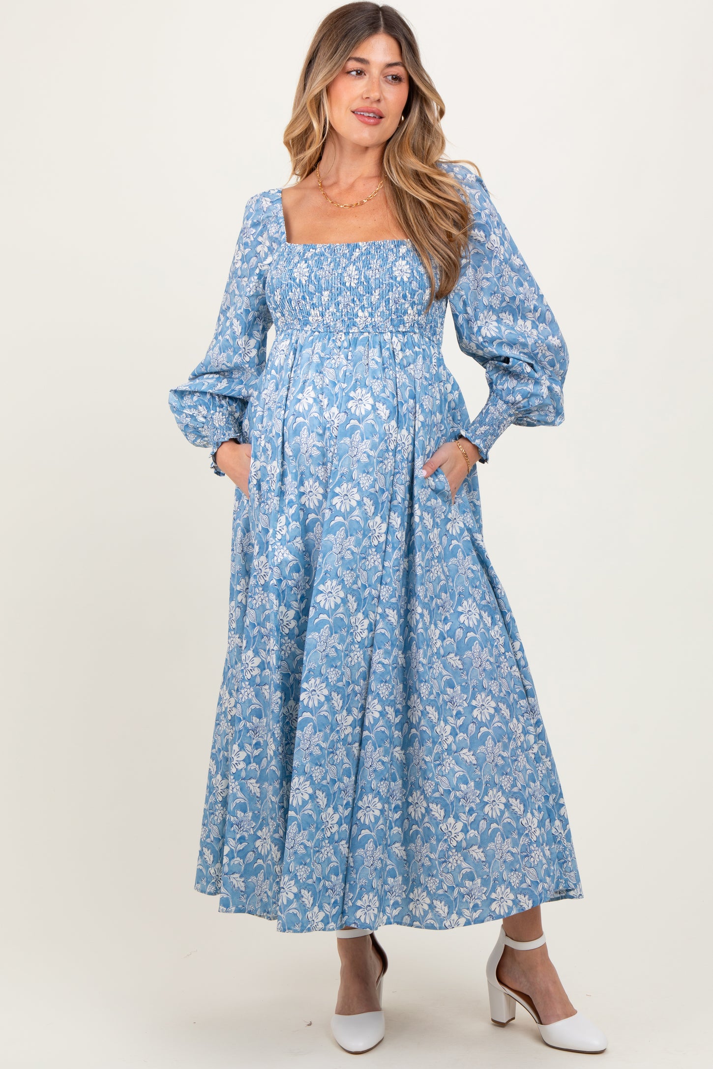 Light Blue Smocked Cotton Floral Maternity Maxi Dress