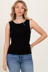 Black Ribbed Contrast Embroidered Sleeveless Top