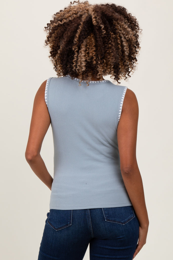 Blue Ribbed Contrast Embroidered Sleeveless Maternity Top