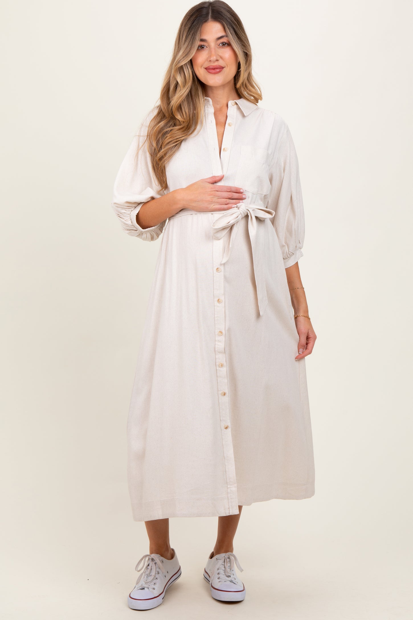 Beige 3/4 Bubble Sleeve Maternity Midi Shirt Dress