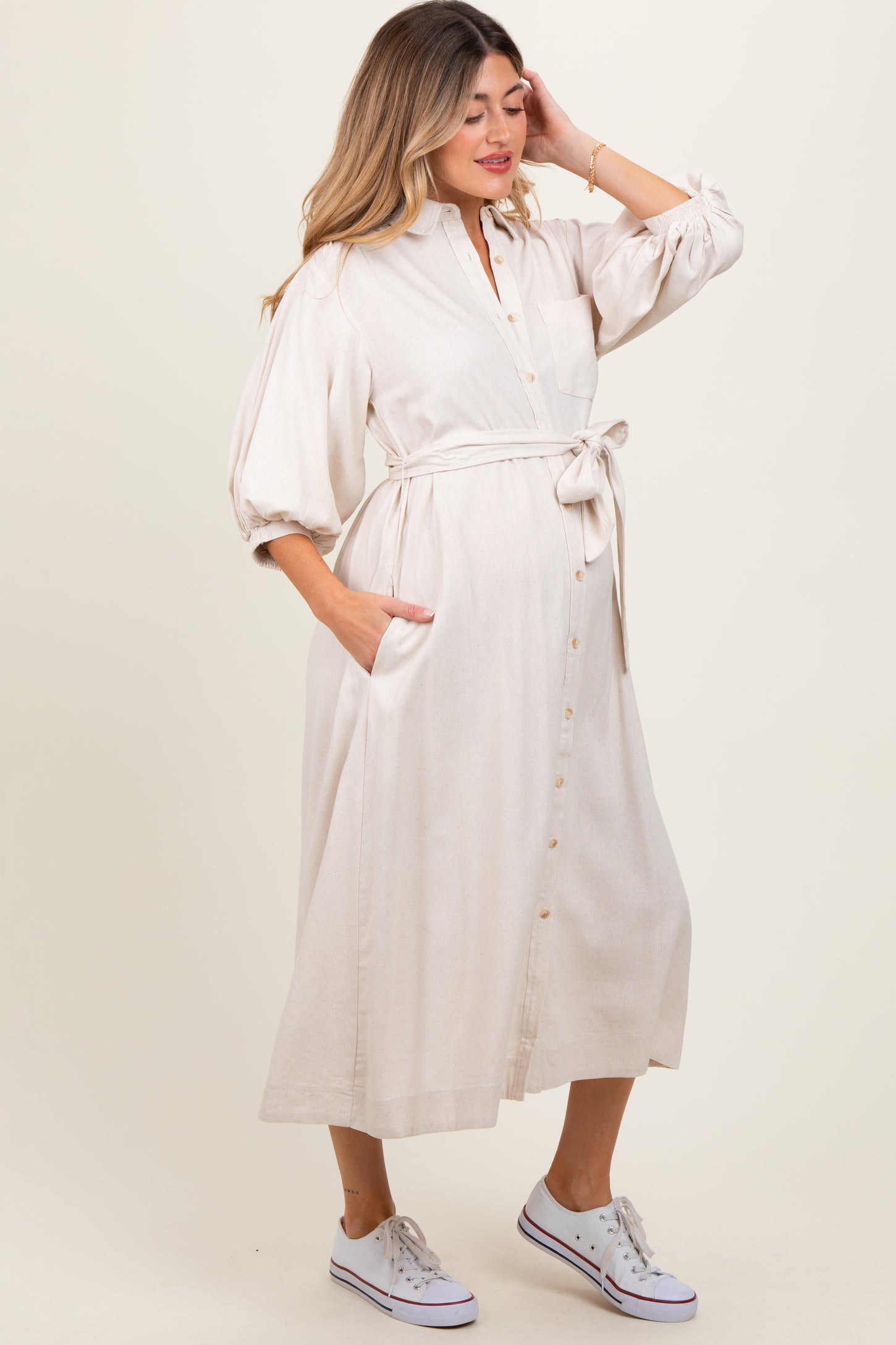 Beige 3/4 Bubble Sleeve Maternity Midi Shirt Dress