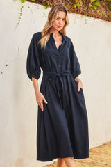 Navy 3/4 Bubble Sleeve Midi Shirt Dress